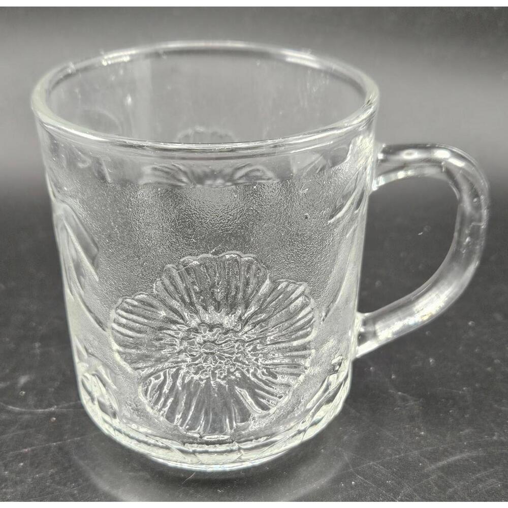 Vintage KIG Clear Tropical Floral and Palm Tea Cup Coffee Mug 3.5 In Tall 1980s